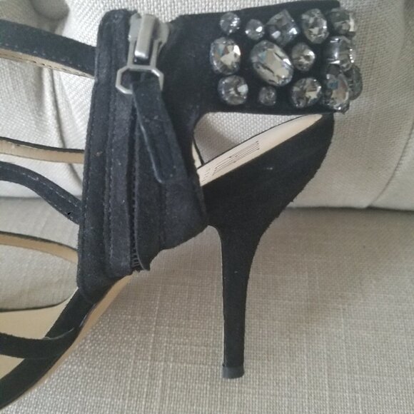 New PELLE MODA | suede heels black shoes t straps crystals sz 10M - Picture 4 of 4